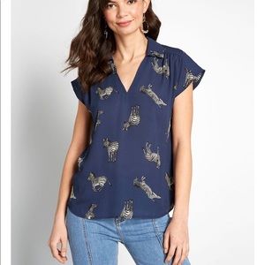 Modcloth Navy Blue Zebra Print V-neck Collared Blouse Size Large